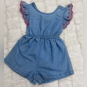 Vince Camuto Baby Toddler Denim Romper w/ Red Embroidery on the Sleeves Size 24M